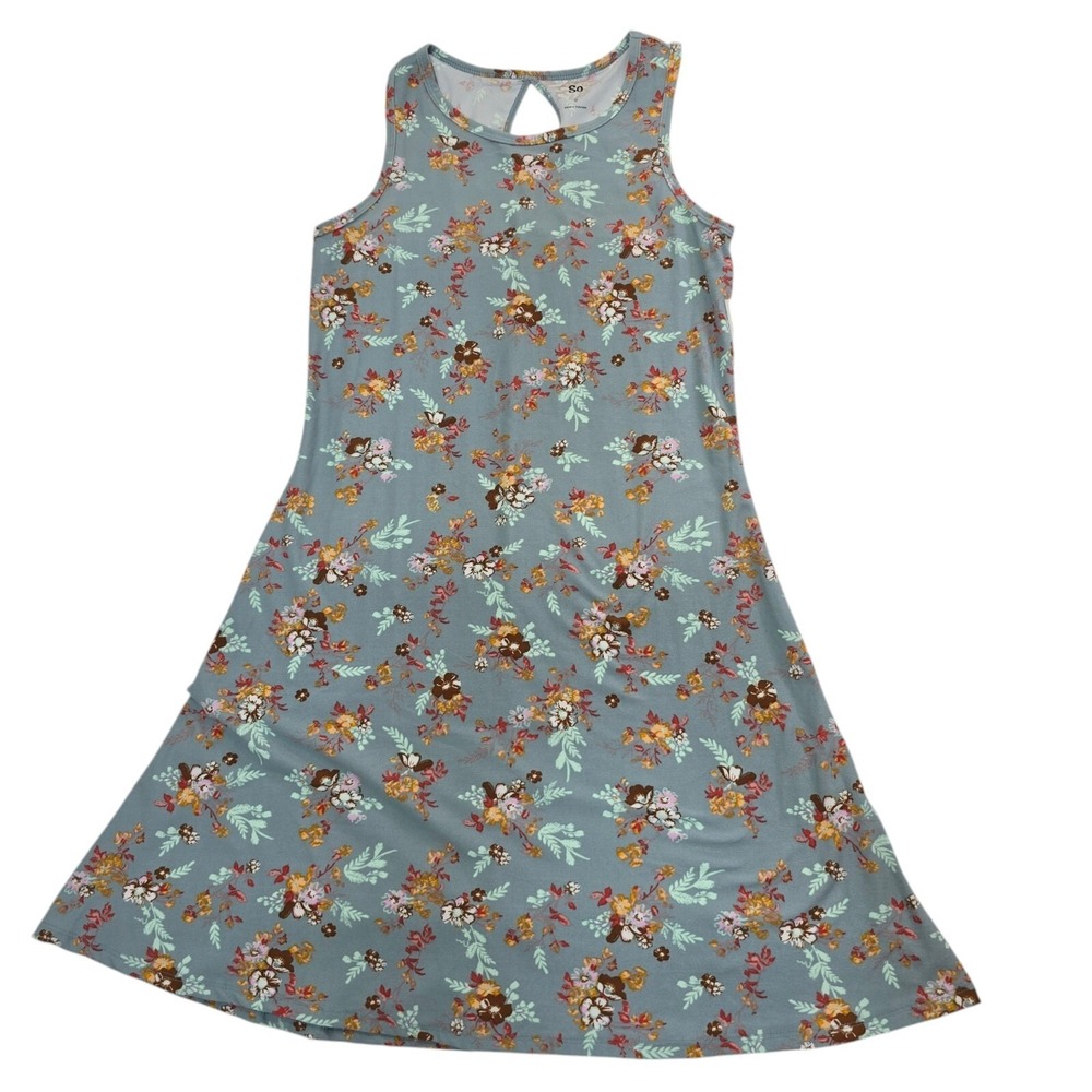 SO Fit & Flare Dress Womens S Blue Polyester Boho Floral Keyhole Back Summer NEW
